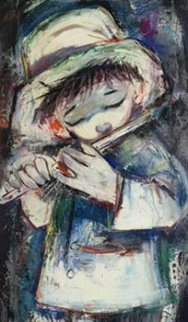 Standing Blue Boy With Flute 34x23 Original Painting - Ozz Franca Standing Blue Boy With Flute 34x23 Original Painting - Ozz Franca
