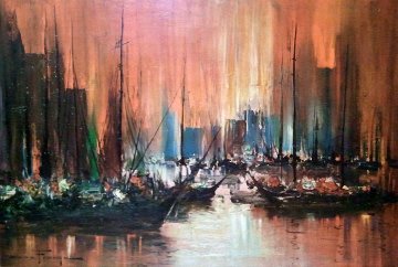 Untitled (Boats in Harbour) Early 1950 34x44 Original Painting - Ozz Franca Untitled (Boats in Harbour) Early 1950 34x44 Original Painting - Ozz Franca