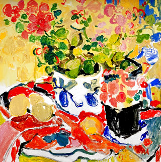 Geraniums and Yellow Lemons 37x37 Original Painting - Lillia Frantin