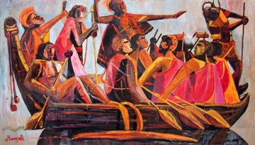 King Kamehameha And His Warriors Going to Battle 1976 48x84 Huge Original Painting - Luigi Fumagalli