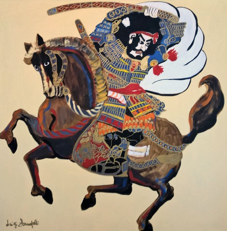 Samurai on Horse 1980 39x39 Huge Original Painting - Luigi Fumagalli