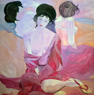 Untitled Japanese Women 1980 42x42 Huge Original Painting - Luigi Fumagalli