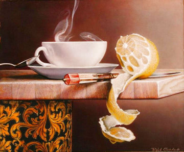Tea And Peeled Lemon  Still Life 1972 18x20 Original Painting - Reid Gardner