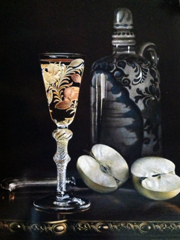 Wine Glass with Cut Green Apple 1970 16x12 Original Painting - Reid Gardner