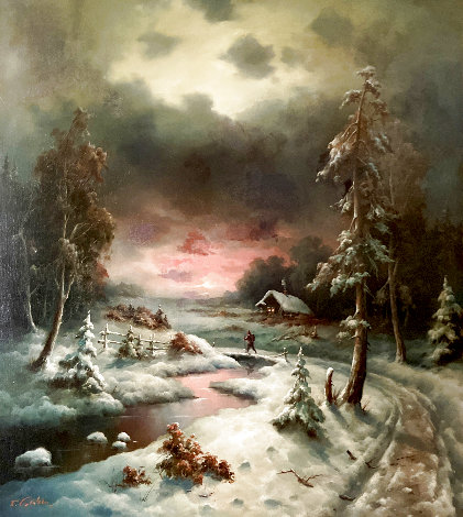 Snow Landscape 1982 - 48x48 - Huge Original Painting - Eugene Garin