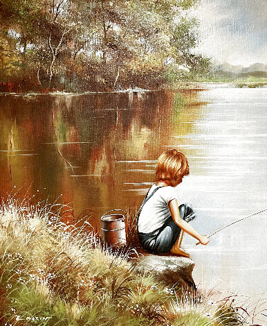 Boy Fishing in Pond 28x24 Original Painting - Eugene Garin