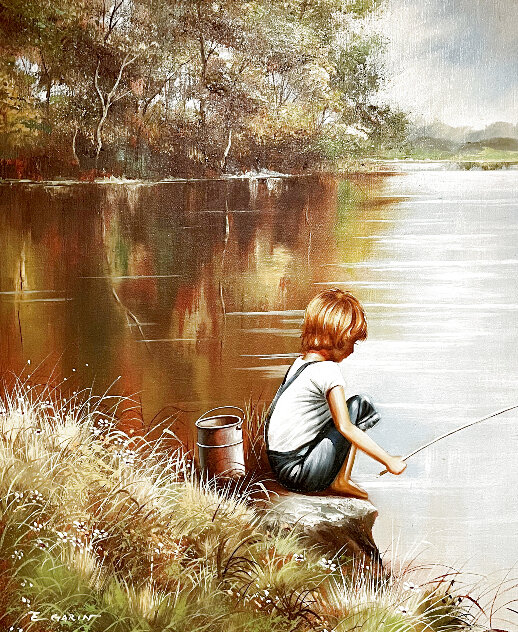 Boy Fishing in Pond 28x24 Original Painting by Eugene Garin