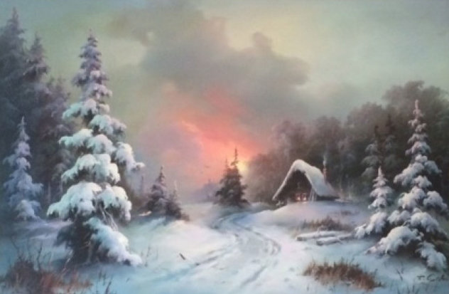 Cabin in the Snow 1970 46x34 Huge Original Painting by Eugene Garin