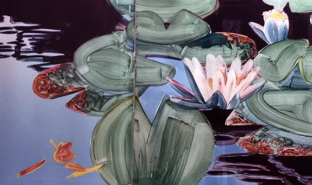 Waterlily Diptych Watercolor 1984 37x85 - Mural Size Original Painting by Gary Bukovnik