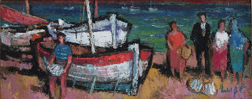 Fishing Vessels in Southern Harbor 1964 23x47 Original Painting - Gerd Norbert Hartmann