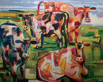 Curious Cows 2002 31x39 Original Painting - David Gerstein Curious Cows 2002 31x39 Original Painting - David Gerstein