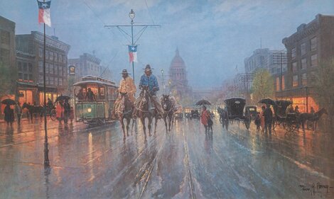 Streetcars Along the Avenue 1983 Serigraph - Austin, Texas Limited Edition Print - G. Harvey