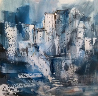Untitled Blue Village 1978 43x23 Original Painting - Gino Hollander Untitled Blue Village 1978 43x23 Original Painting - Gino Hollander