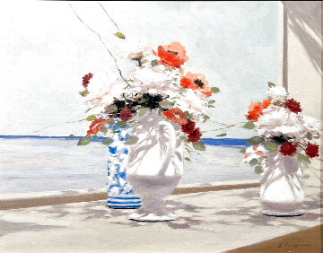 Floral on Table with Beach View 26x30 Original Painting - Andre Gisson