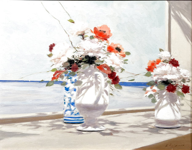 Floral on Table with Beach View 26x30 by 