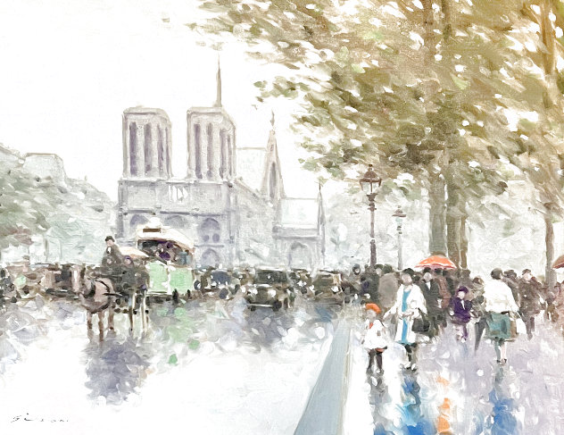 Untitled Parisian Street Scene - Notre Dame 29x25 - Paris, France Original Painting by Andre Gisson