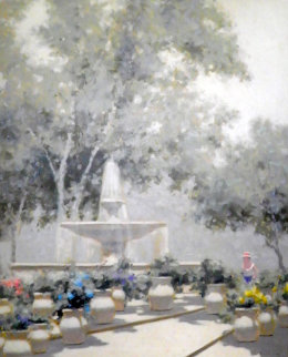 Woman And Fountain in the Tuileries Garden 37x31 1950 Paris, France Original Painting - Andre Gisson