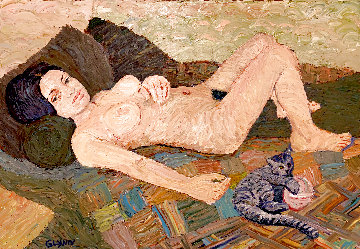 Alex with her Cat 1995 36x22 Original Painting - David  Glynn