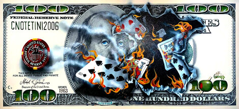 $100 Bill Full-House Player on Fire 2015 - Embellished Giclee on Canvas -  Huge 22x52 Limited Edition Print - Michael Godard