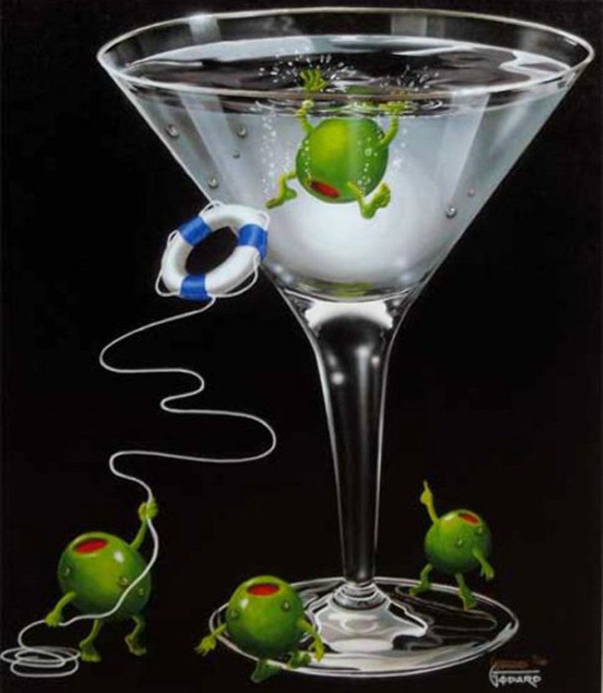 Michael Godard Print Of Olives And Martini Glass By Michael Godard   Michael Godard Dont Go Overboard 