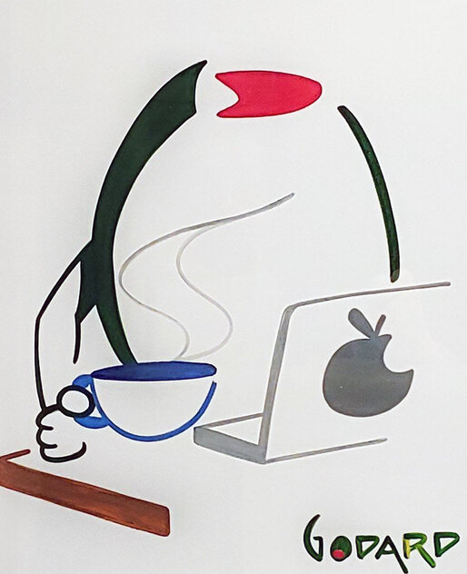 Olive At Aople Computer With Coffee 2015 27x24 Works on Paper (not prints) by Michael Godard