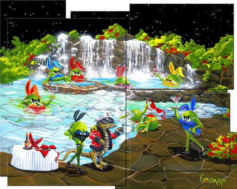 Olive Bunnies 2010 - 5 Panels HS Hugh Hefner and Pam Anderson - HUGE - 34x33  - 3 Signatures Limited Edition Print - Michael Godard