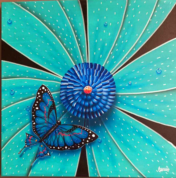 A Bugs Life: Aqua Butterly 2002 24x24 Original Painting - Michael Godard