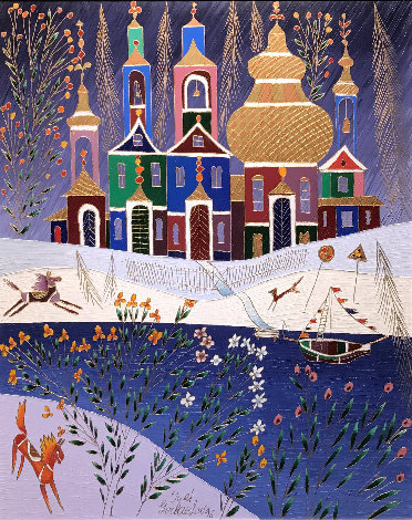 Winter With Violet sky 36x30 1996 Original Painting - Yuri Gorbachev