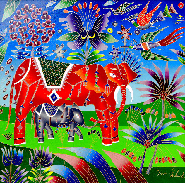Elephant and Calf 2008 34x32 Original Painting by Yuri Gorbachev
