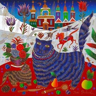 Cat and Kitten Near Window 2003 24x24 Original Painting - Yuri Gorbachev Cat and Kitten Near Window 2003 24x24 Original Painting - Yuri Gorbachev
