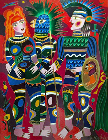 Soldier And Two Women 1991 54x42 Huge Original Painting - Yuri Gorbachev