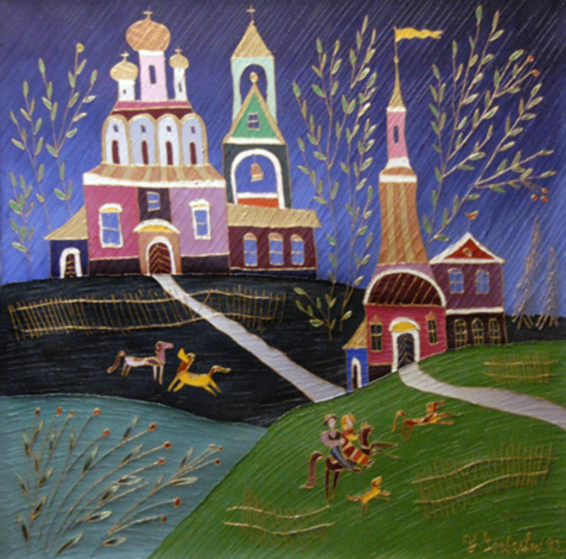 Village Scene 1992 26x26 Original Painting by Yuri Gorbachev Village Scene 1992 26x26 Original Painting by Yuri Gorbachev