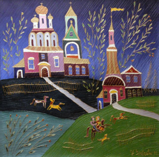 Village Scene 1992 26x26 Original Painting - Yuri Gorbachev Village Scene 1992 26x26 Original Painting - Yuri Gorbachev