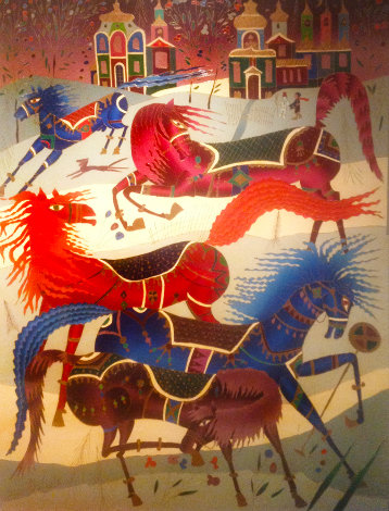 Horses in My Country 1980 65x55 Russia Huge Original Painting - Yuri Gorbachev