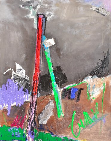 Red and Green Poles 1992 39x28 Original Painting - Tonino Gottarelli
