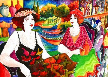 Friends By the River 1989 Watercolor 36x45 Huge Watercolor - Patricia Govezensky