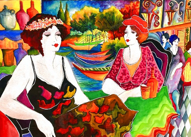 Friends By the River 1989 Watercolor 36x45 Huge Watercolor by Patricia Govezensky