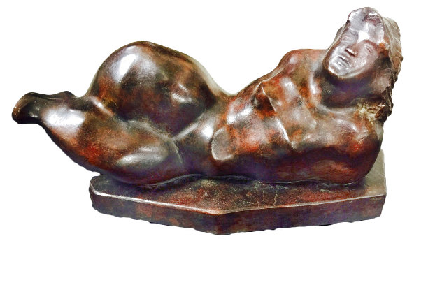Reclining Figure Bronze Sculpture 1981 15 in w/ Sketch Sculpture by Chaim Gross