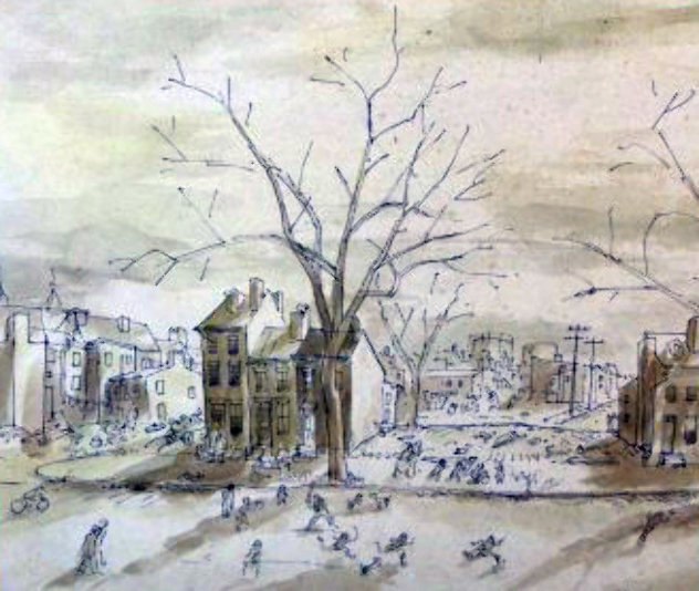 Baseball in Vacant Lot Watercolor 1934  8x19 - Berlin, Germany Watercolor by George Grosz