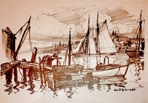 Untitled Harbor Scene Charcoal Drawing 18x24 by Emile Albert Gruppe ...