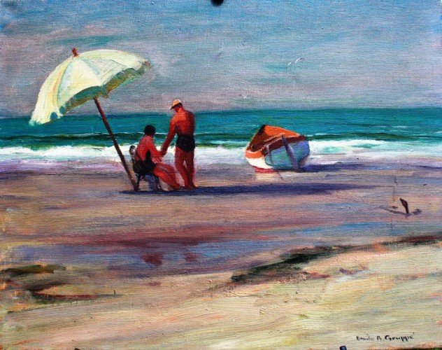 Beach Umbrella 1952 16x20 Original Painting by Emile Albert Gruppe