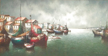Untitled Harbor Seascape 32x56 - Huge Original Painting - Eleonore Guinther