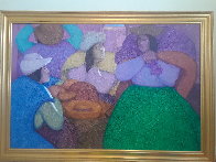 Cholas Vendedoras De Sombreros 1985 47x66  Huge Original Painting by Ernesto Gutierrez - 1