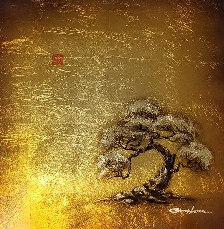 Golden Tree with Red Chop Unique 2014 18x18 Original Painting - Patrick Guyton