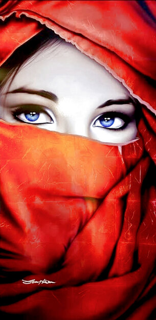 Red Veil with Blue Eyes Unique 2019 40x20 Limited Edition Print - Patrick Guyton