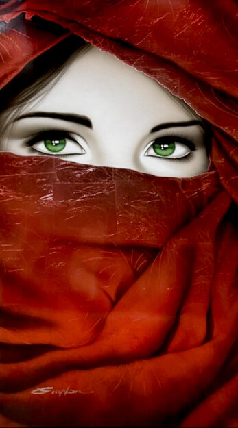 Red Veil with Green Eyes Unique 2016 - Framed Mixed Media on Aluminum - Huge Original Painting - Patrick Guyton