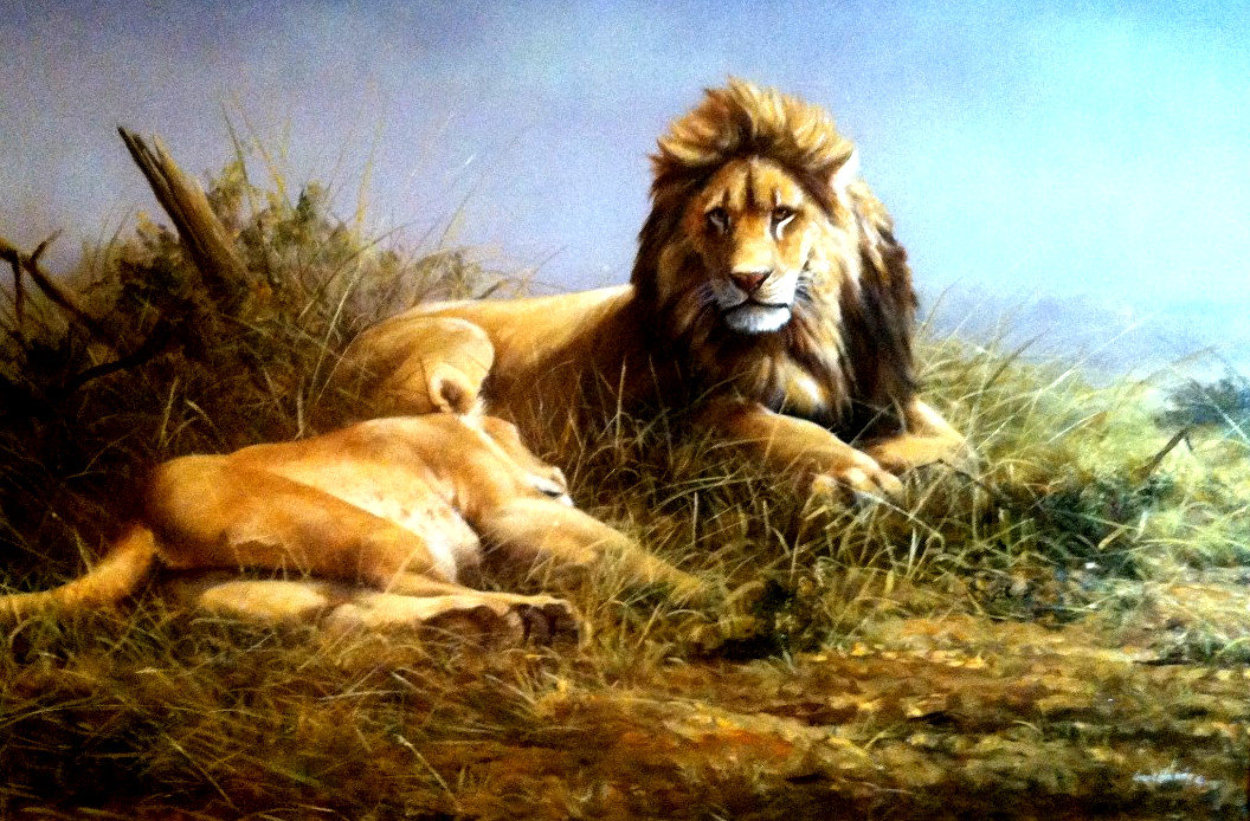 Lion and Lioness 1995 33x47 Huge Original Painting by Grant Hacking