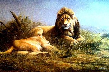 Lion and Lioness 1995 33x47 Original Painting - Grant Hacking Lion and Lioness 1995 33x47 Original Painting - Grant Hacking