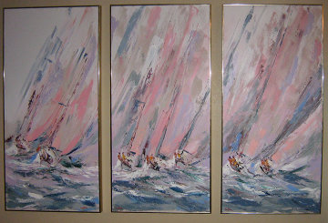 Boat Races Tryptich 1985 48x72 (Early) Original Painting - Kerry Hallam