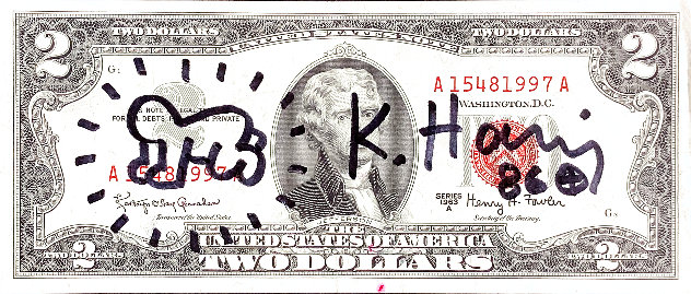 Red Seal $2 Dollar Bank Note w/ Doodle 1986 HS Other by Keith Haring